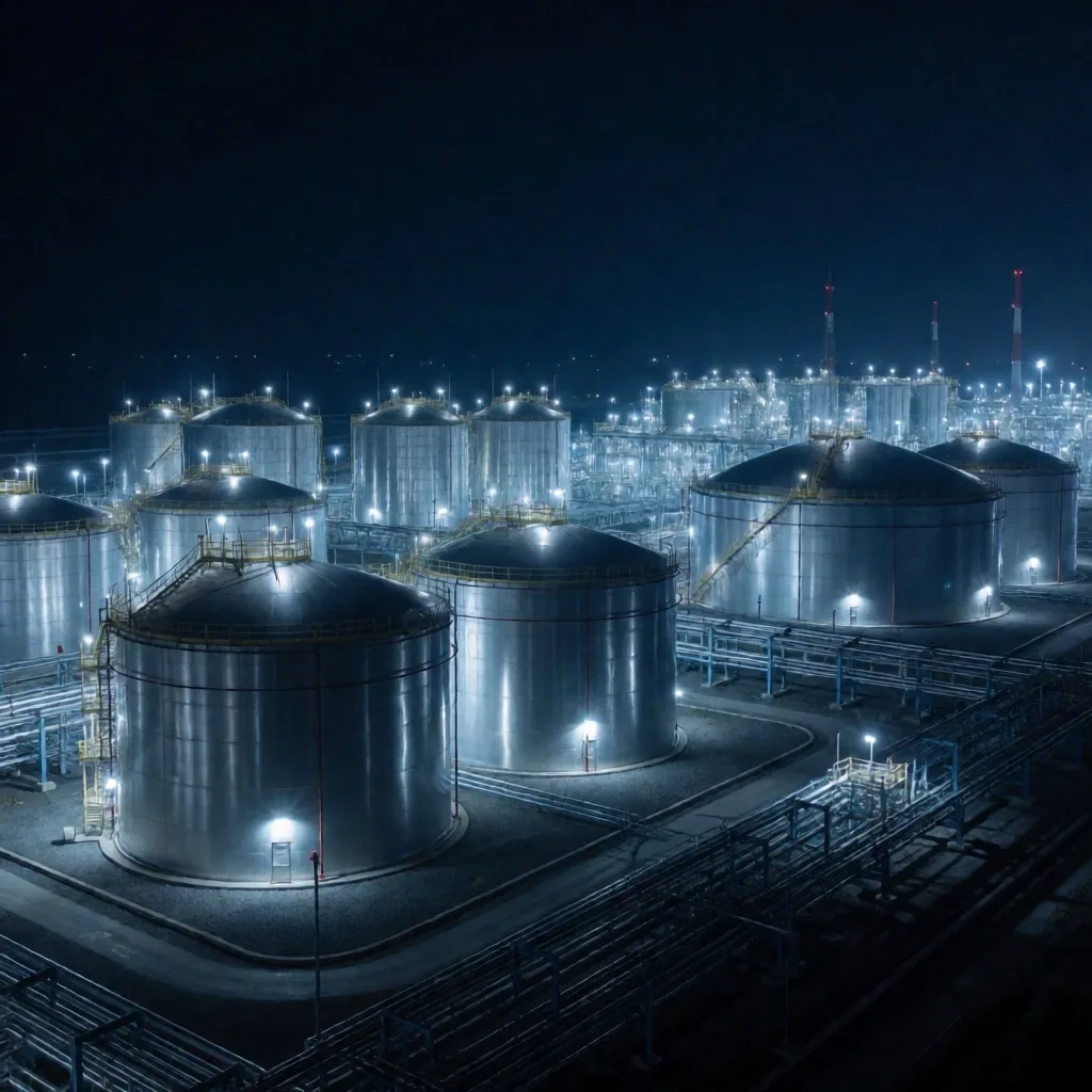 Infraestructura energética argentina al anochecer