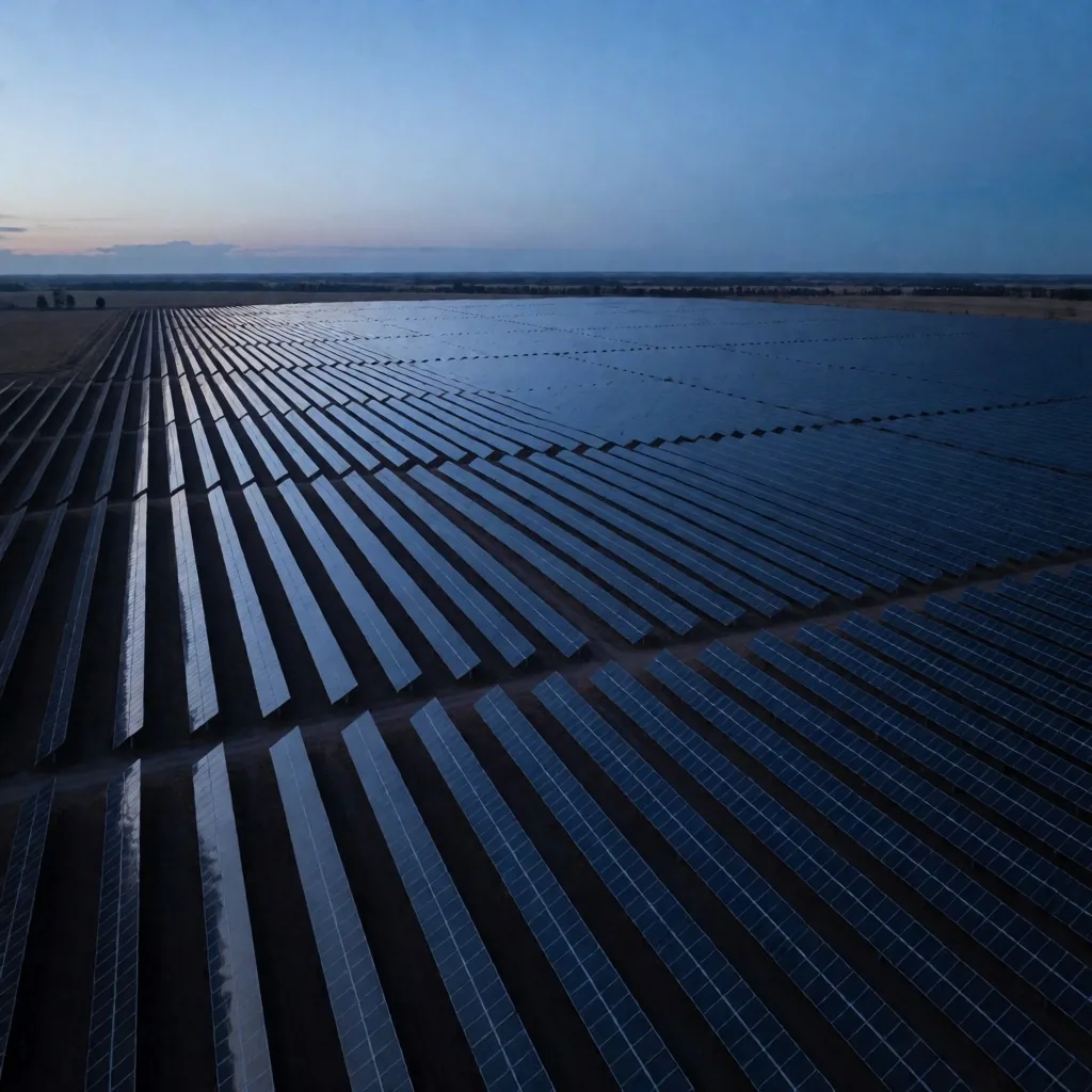 Infraestructura energética argentina al anochecer
