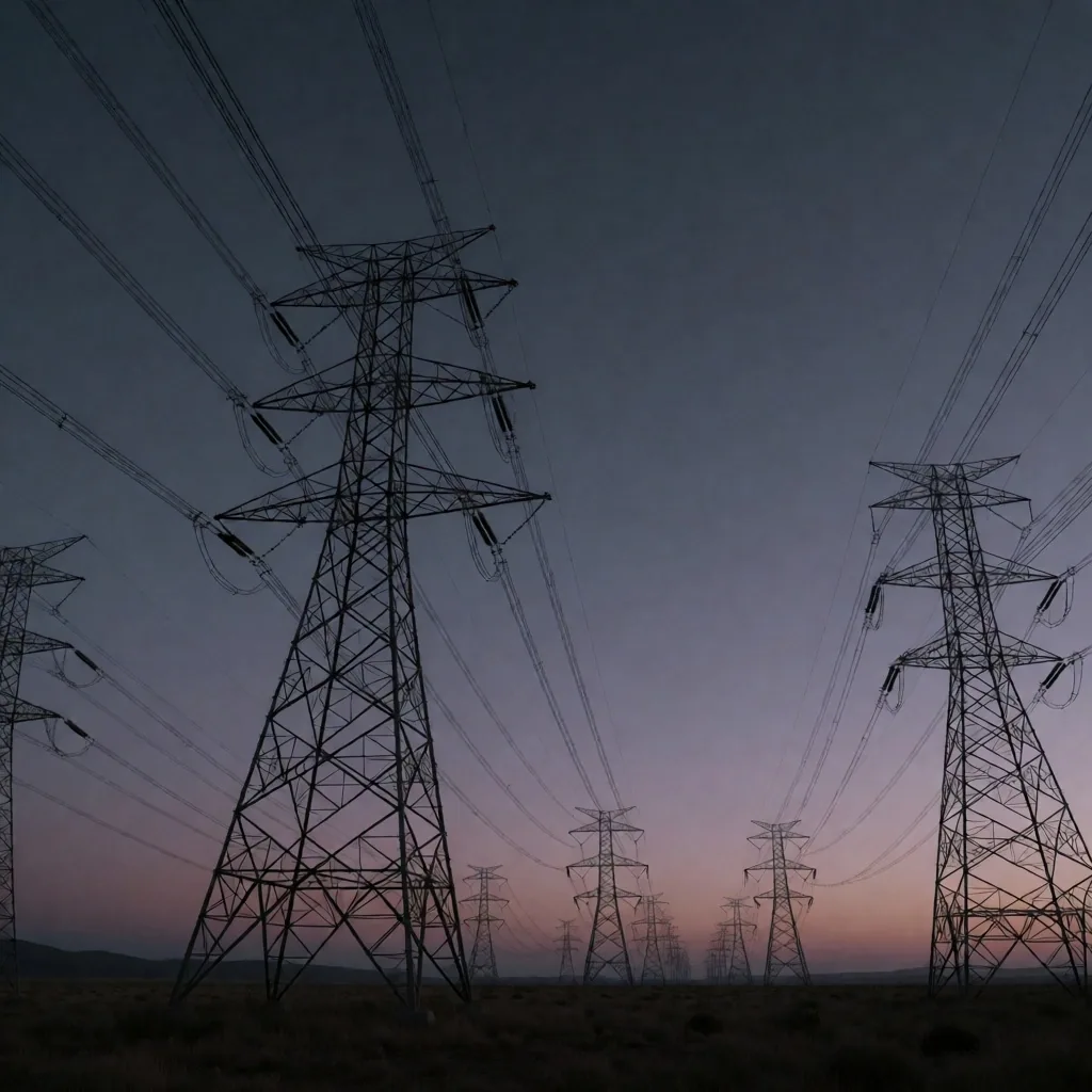 Infraestructura de transmisión eléctrica argentina al atardecer
