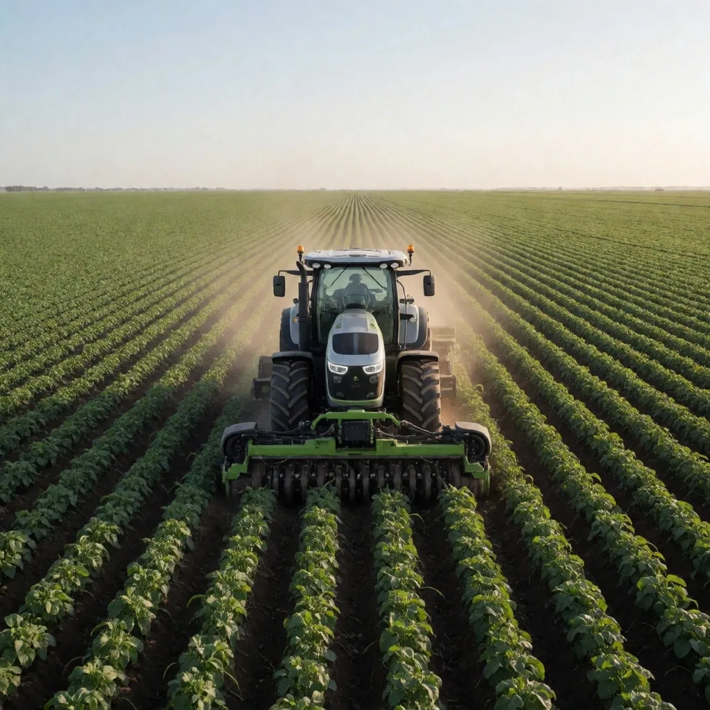 Campo de soja argentina con tecnología de agricultura de precisión al amanecer