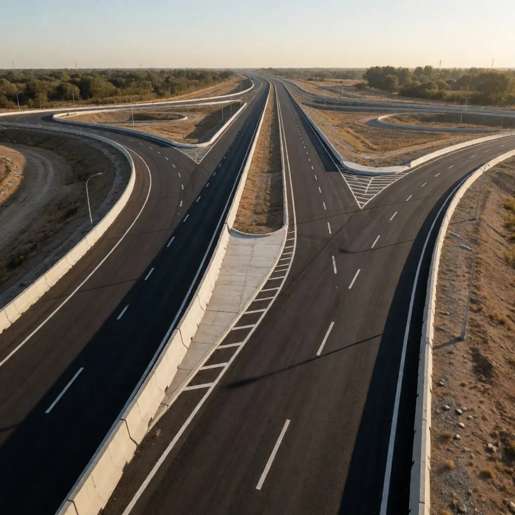 Construcción de puente de autopista en zona rural argentina al atardecer