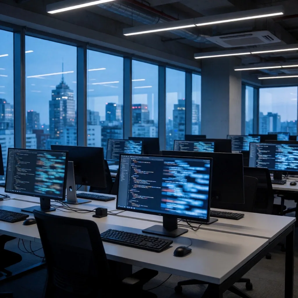 Oficina de tecnología en Buenos Aires al atardecer con estaciones de trabajo