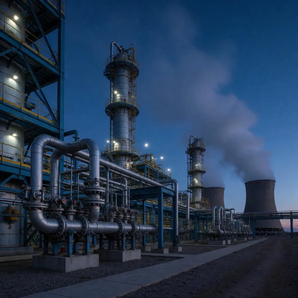 Planta de procesamiento de gas en la formación Vaca Muerta al atardecer